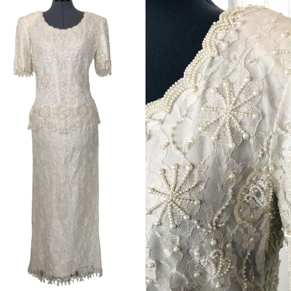 Scala Dresses & Skirts - Vintage White Beaded Lace Formal Gown Pearls Sequins Elegant Tiered Floor Length